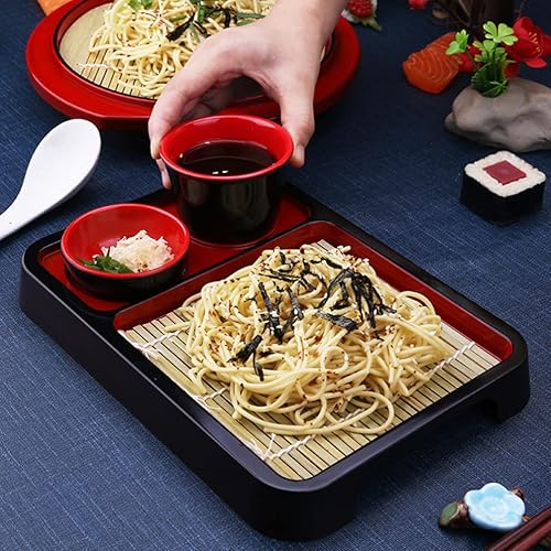 Miniatura 5 de 2 juegos de bandejas de fideos fríos de estilo japonés con alfombrilla de bambú, placa rectangular de fideos Soba con taza y plato para salsa, 9.84