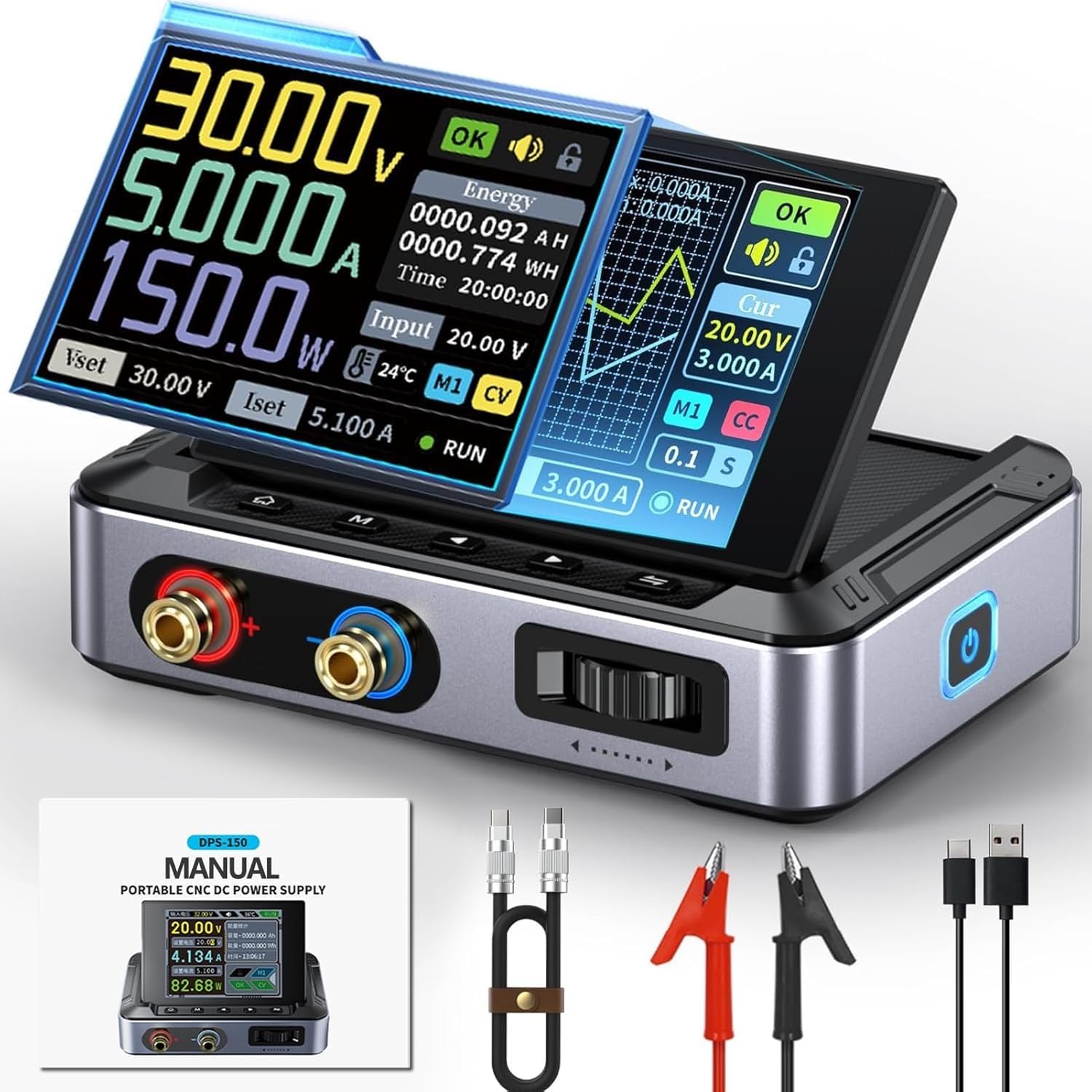 Jadeshay Fuente de Alimentacion Regulable 0-30V 0-5A 150W Fuente DC Digital con Pantalla IPS a Color 2,8 Pulgadas Entrada PD/QC/DC Modo CV/CC 6 Grupos Preestablecidos Protección Múltiple