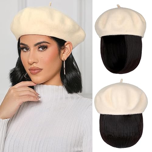 Lansigreen Gorro de boina con extensiones de cabello, sombrero clásico de lana francesa adjunta, 12 pulgadas, lacio, corto, Bob sintético, para Lansigreen Gorro de boina con extensiones de cabello, sombrero clásico de lana francesa adjunta, 12 pulgadas, lacio, corto, Bob sintético, para