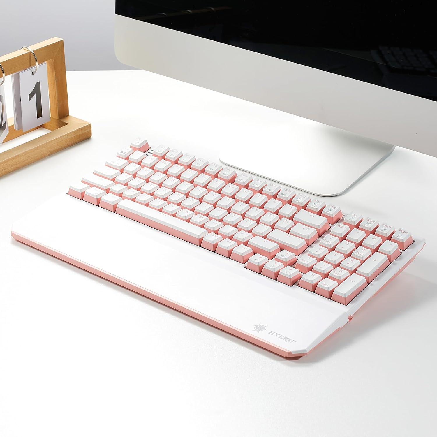 Hexgears X4 Wireless Mechanica Keyboard, 99-Key Clicky Switch White Backlit Gaming Keyboard - NKRO 2.4G/USB-C with Wrist Rest, Pudding Keycaps-White/Pink
