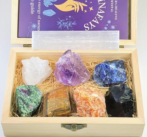 Juego de cristales curativos 7 piedras de chakra crudas y palo de selenita Piedras curativas de cristal sin pulir para meditación, yoga, reiki