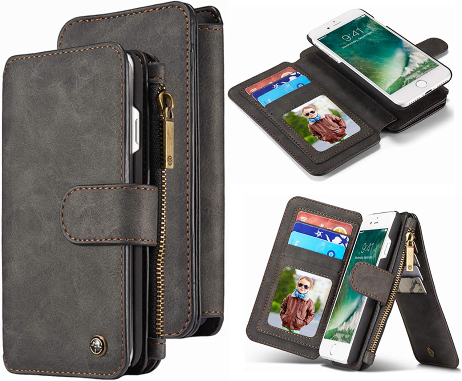 Hynice iPhone 8 Wallet case, iPhone 7 Leather Case, Detachable Magnetic Flip Purse with Kickstand Strap 14 Card Slot Holder Slim Protective Shell Cover for Apple iPhone8/iPhone7 4.7 (14Card-Black)