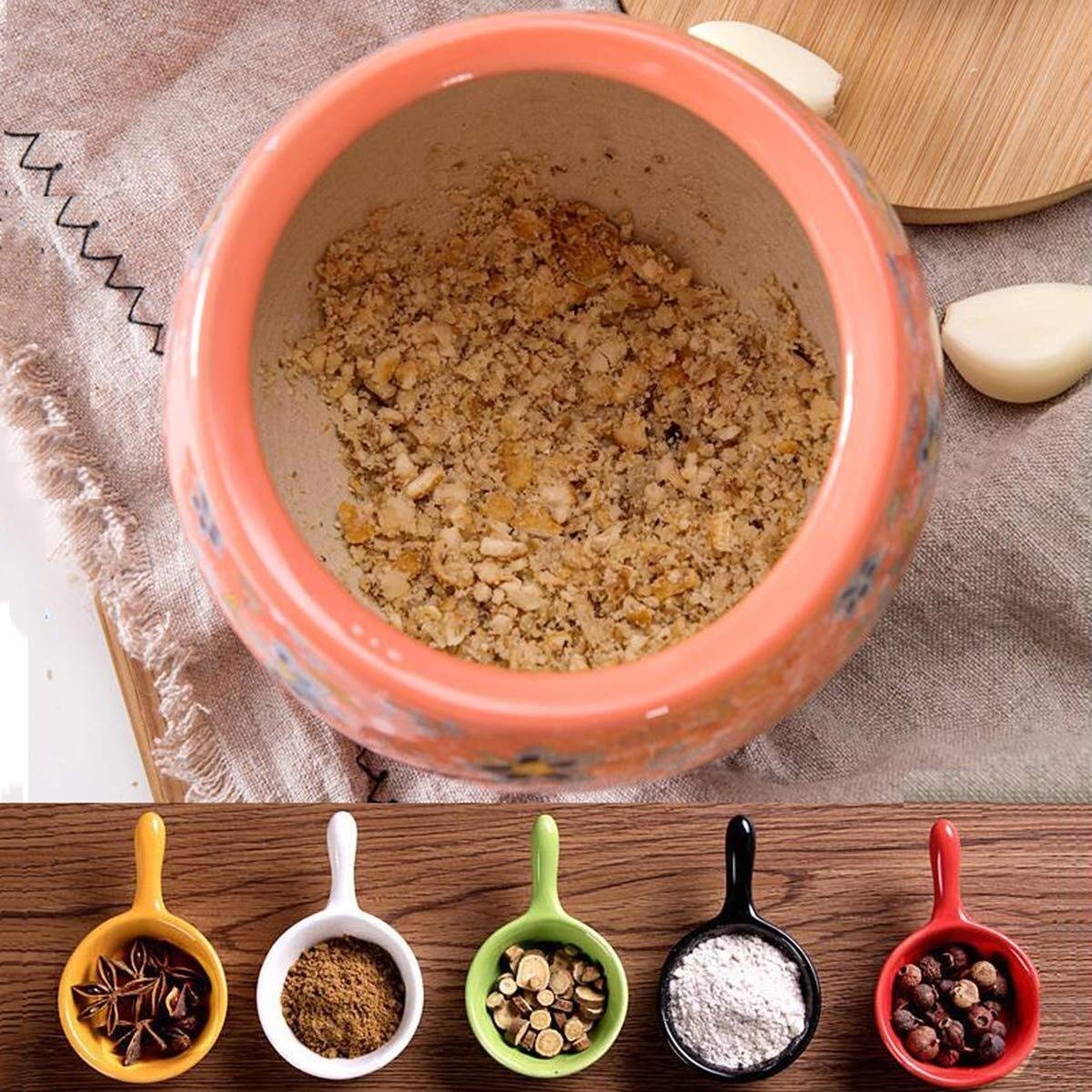 Mortaio In Ceramica Con Pestello Legno - 11x4cm, Lavabile In Lavastoviglie, Per Spezie E Salse