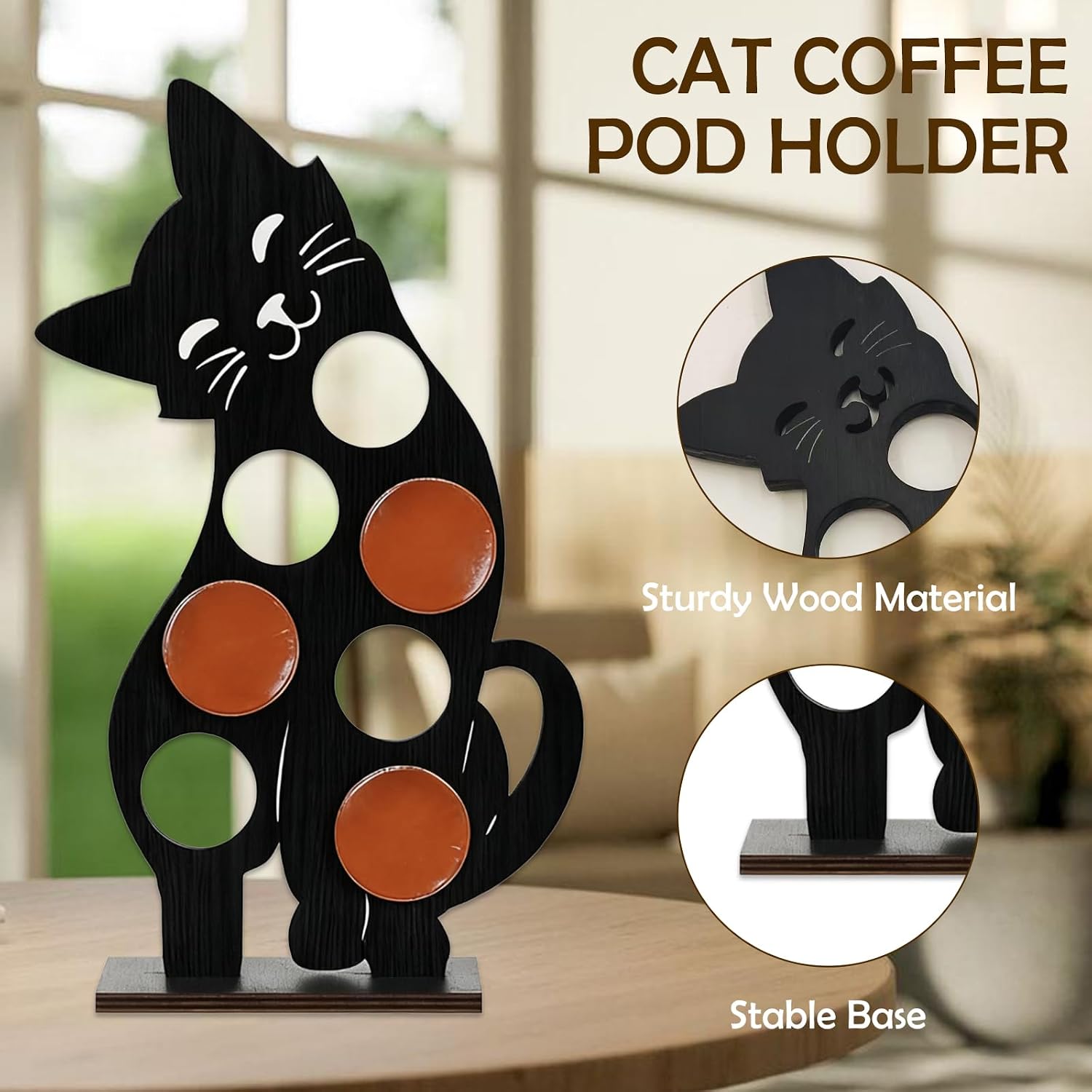 Wooden Pod Holder, Cat-Shaped Organizer for 7 Capsules, Creative Black Cat Design, Multi-Compartment Storage Rack for Home, Office, and Breakroom Countertop
