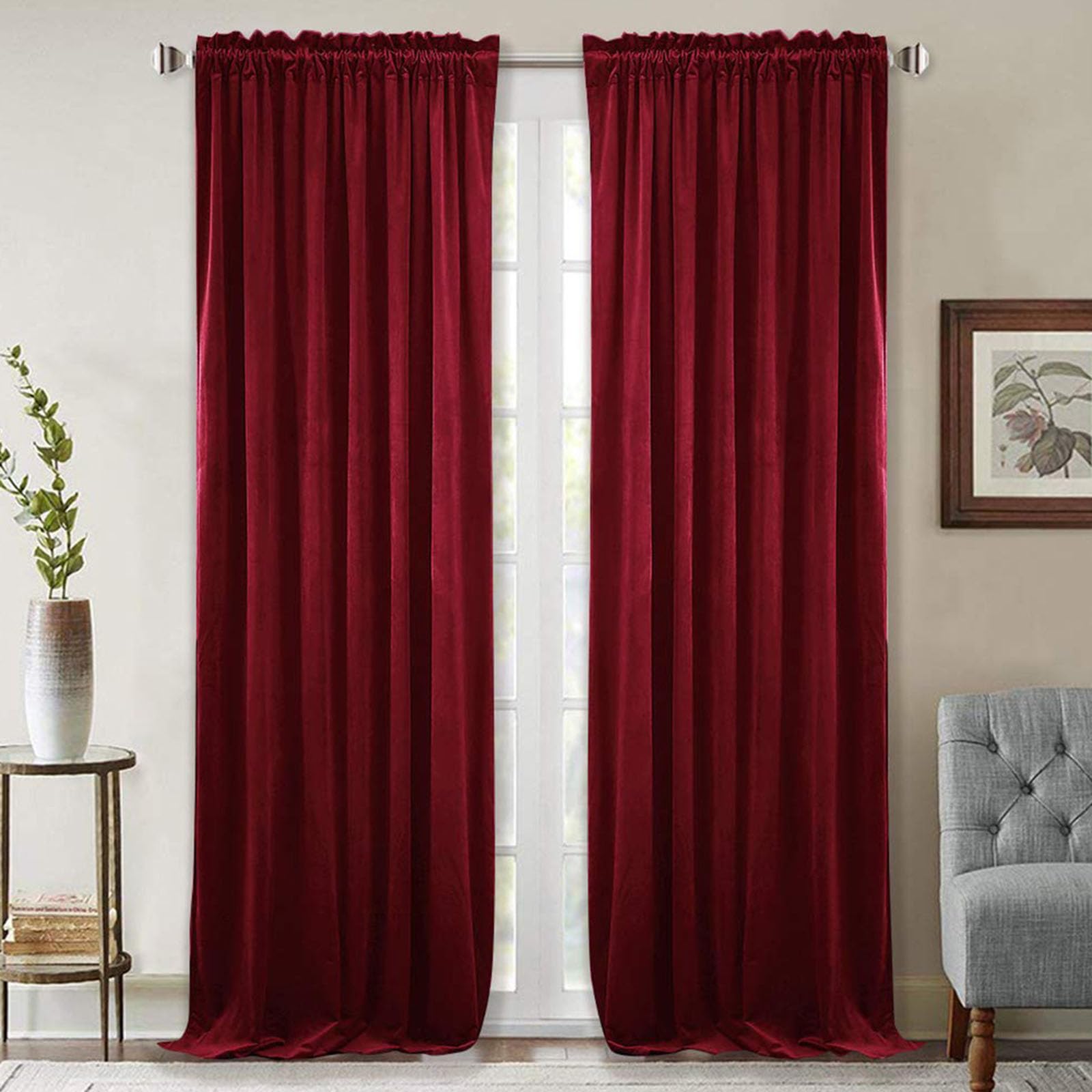 Burgundy Velvet Curtains for Bedroom, Thermal Insulated Blackout Curtain, Living Room Darkening Rod Pocket Window Drapes Vintage style 2 Panels,100 * 130cm