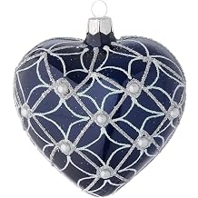 Holyart Christmas Balls Heart Shaped Bauble in Blue Blown Glass with Pearls and Silver Decorations 100mm
