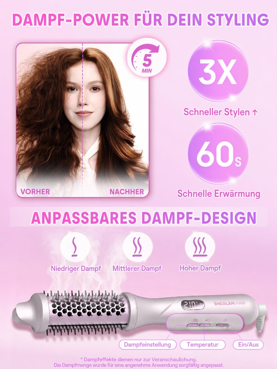 SHEGLAM Dampf-Thermobürste, 4-in-1 Rundbürste 38 mm | 3 Dampfstufen, Nano-Dampf Anti-Scald, schnelles Heizen, weniger Schäden, Anti-Frizz, Dual Voltage, Volumen, langer Halt