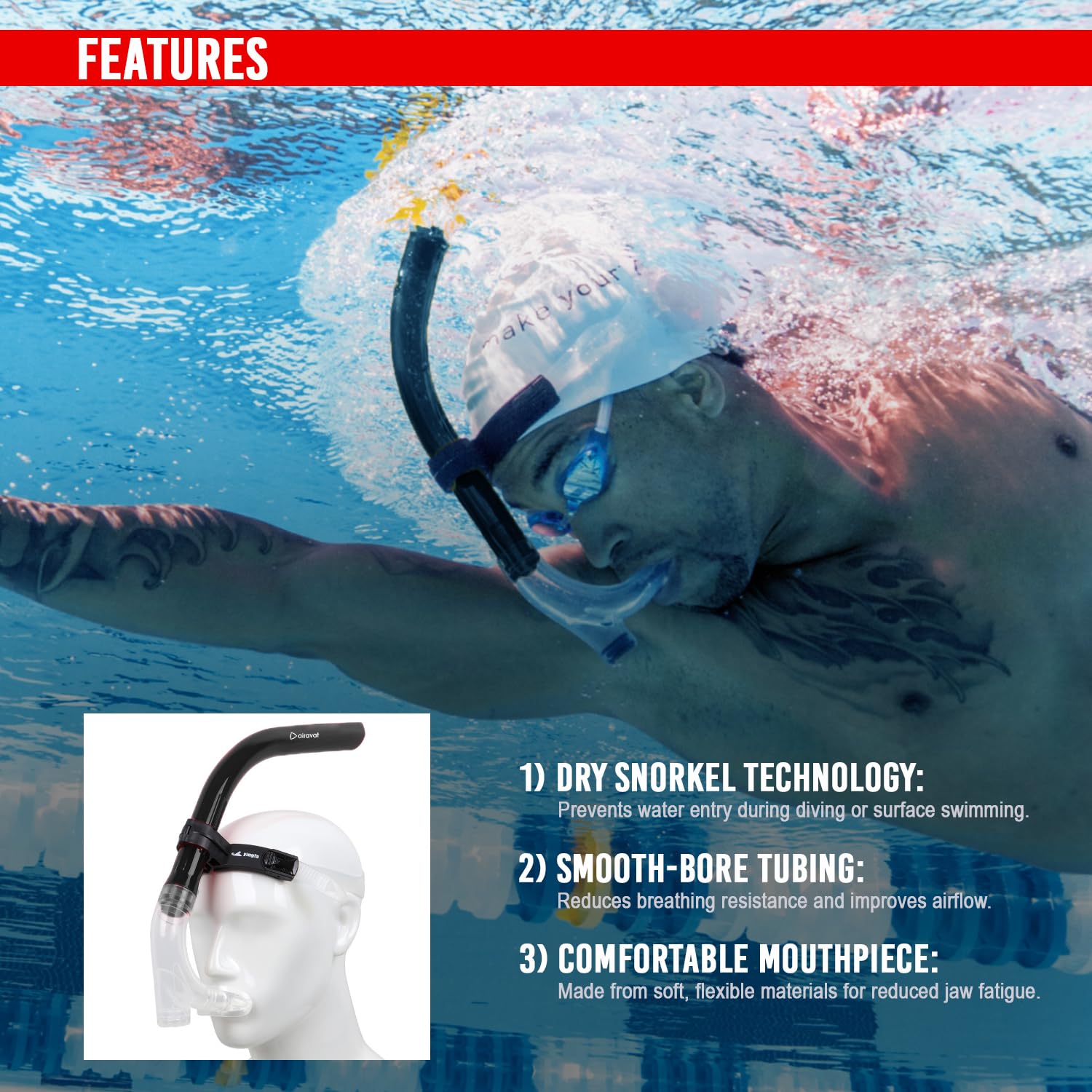 AIRAVAT Front Silicone Snorkel Tuna 1411 | Front-Mounted Swim Snorkel with Adjustable Head Bracket |for Swimming, Pool Training, Scuba Diving & Water Sports for Adults & Kids (Black) 2