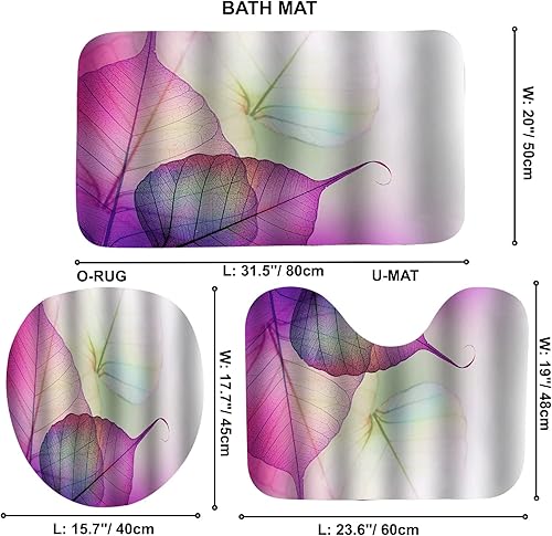 Miniatura 4 de Juego de 4 cortinas de baño de hojas rosas y moradas con cortinas de ducha y alfombras para baño, juego de 4 cortinas de ducha con hojas geométricas
