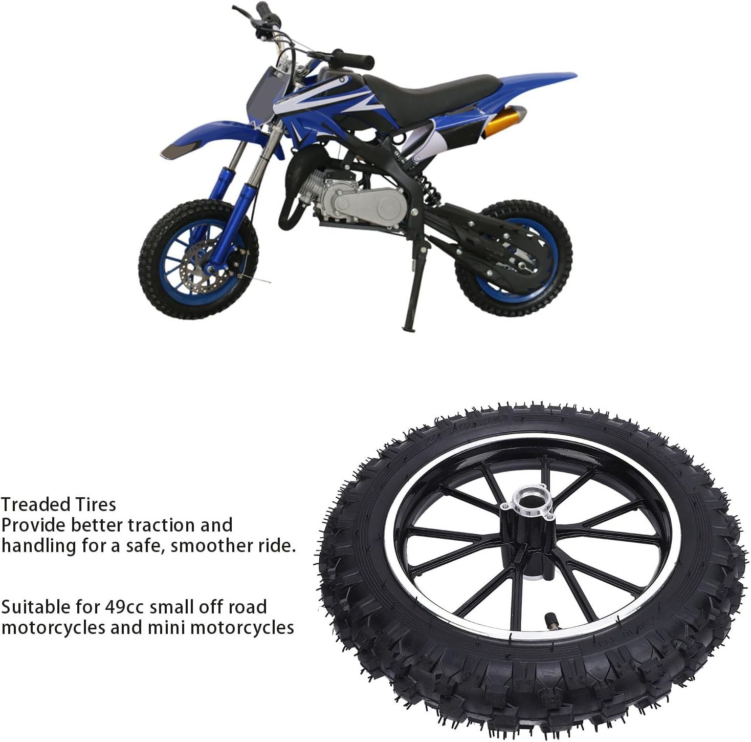 Luocute 2.5-10 Front Wheel Tire, 10in Dirt Bike Wheel Hub Tire with 12mm Bearing Assembly for Mini Dirt Bikes Mini Motorcycles (Black)