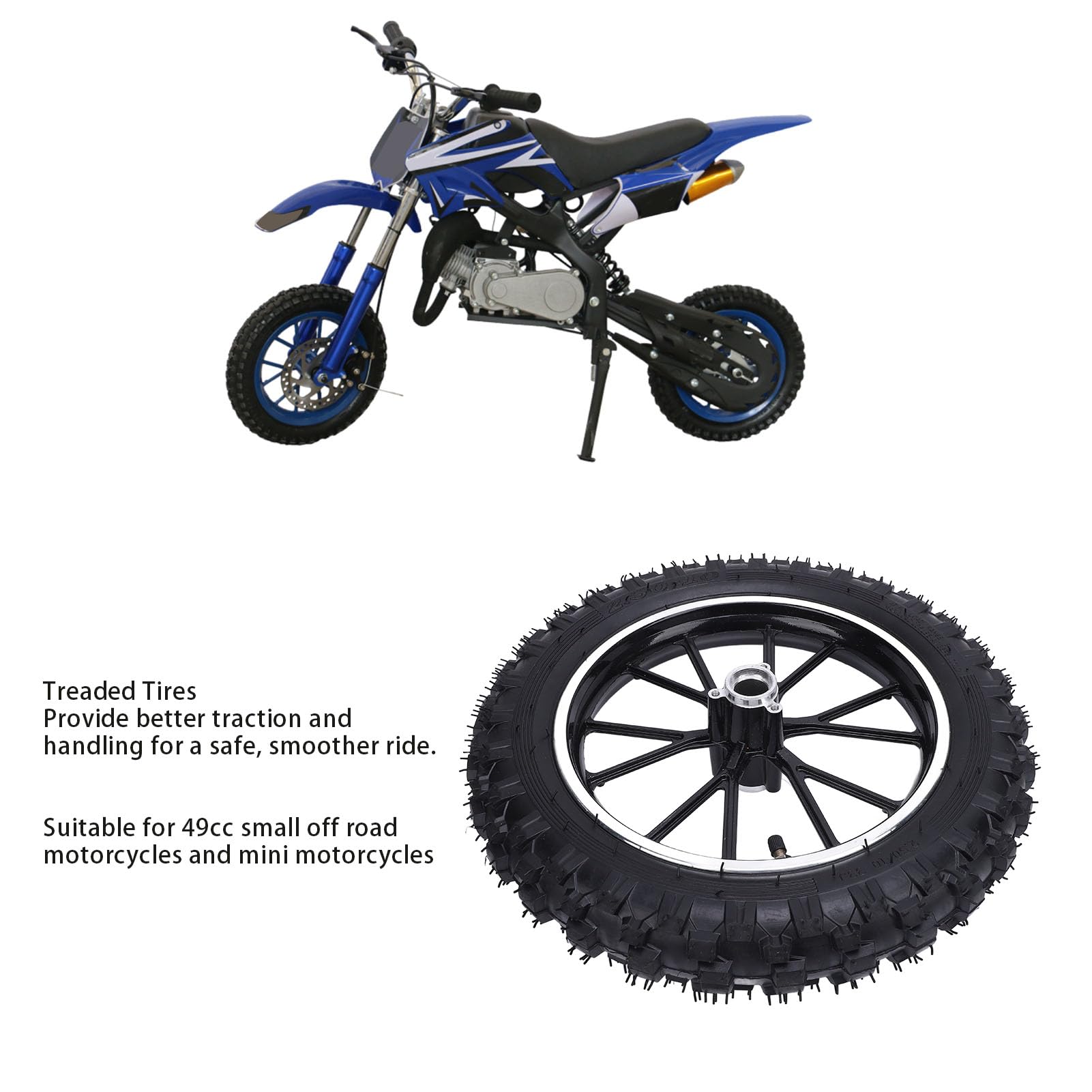 2.5-10 Opona z Przednim Kołem z wewnętrzną piastą Gumowa Odporna na Zużycie 10-calowa Piasta Koła Nadaje się do 49 Małych Motocykli Terenowych Mini Motocykle (BLACK)