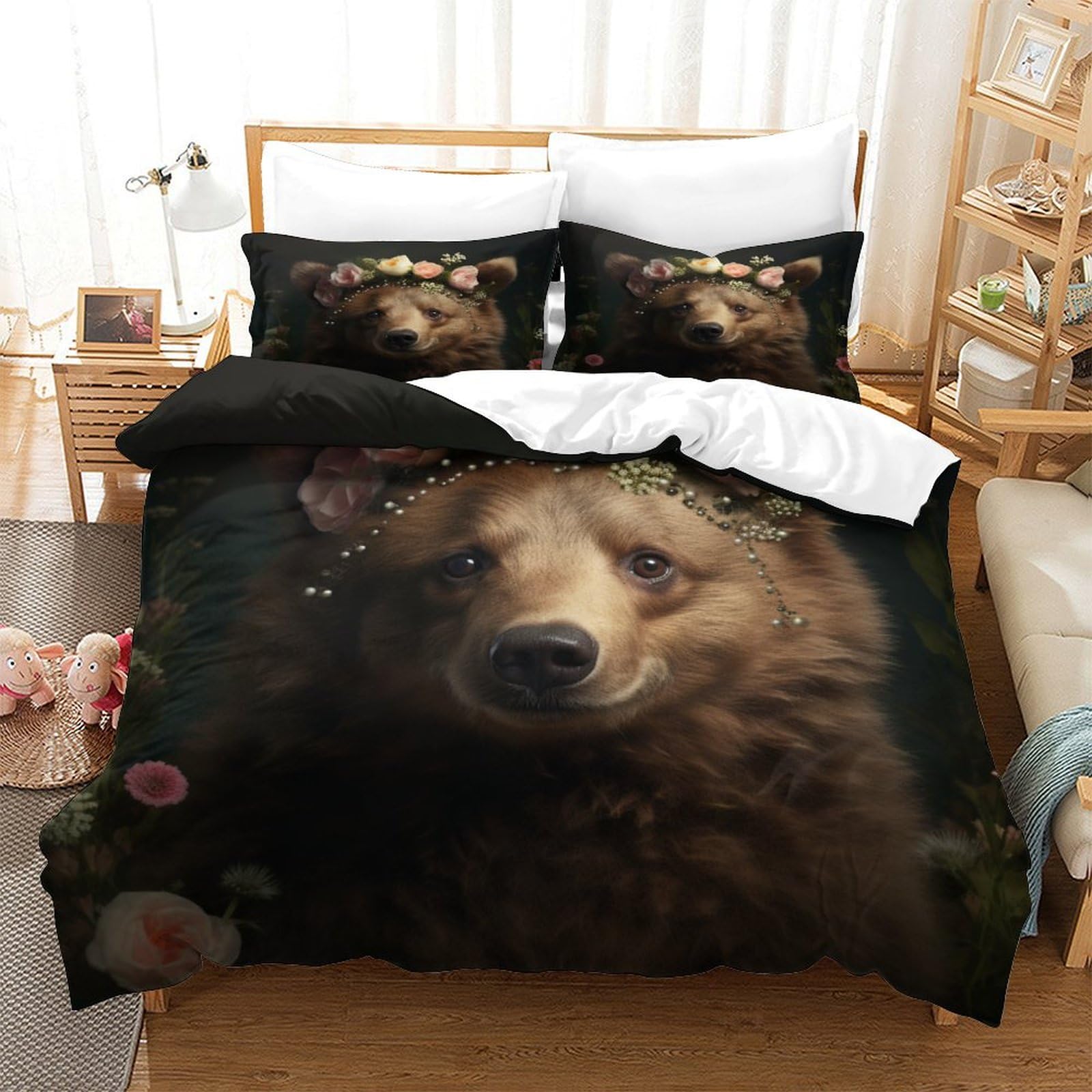 P1S9U7W5Y 3D Printed Floral Bear Design Microfiber 3 Piece Duvet Cover Set for Adults Teens Bedroom Decor Floral Bear Bedding Set Soft Breathable Double（200x200cm）