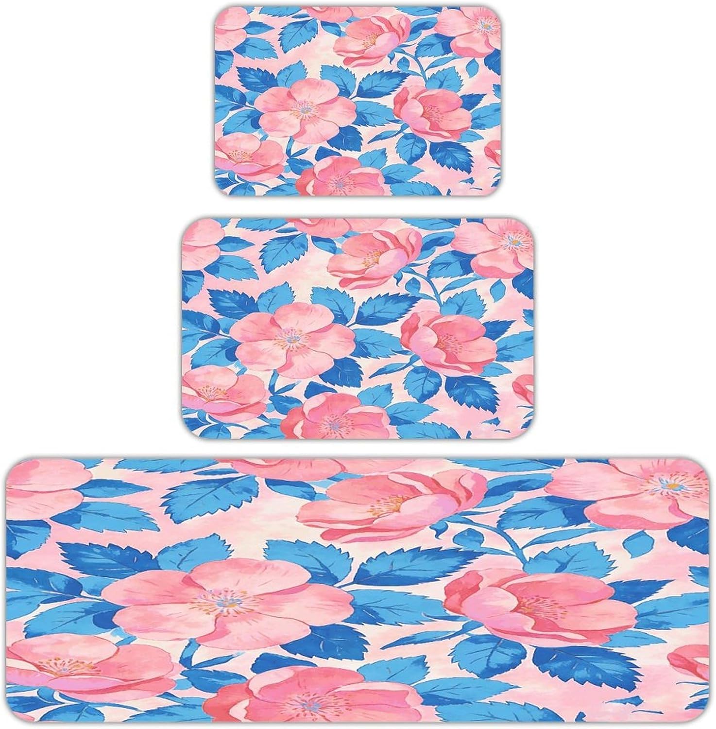 Colorful Pattern Pink and Blue Kitchen Rugs Sets of 3 Non Slip Kitchen Mat for Floor Comfort Standing Rug and Mats Thick Cushioned Long Area Carpets for Laundry Room Entryway