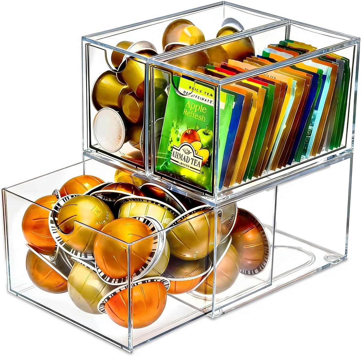 3 Acrylic Coffee K Cup and Tea Bag Organizer, Coffee Pod Drawer Holders, Stackable Accessories Tea Organizers and Storage for Kitchen Multi Organizers-Clear