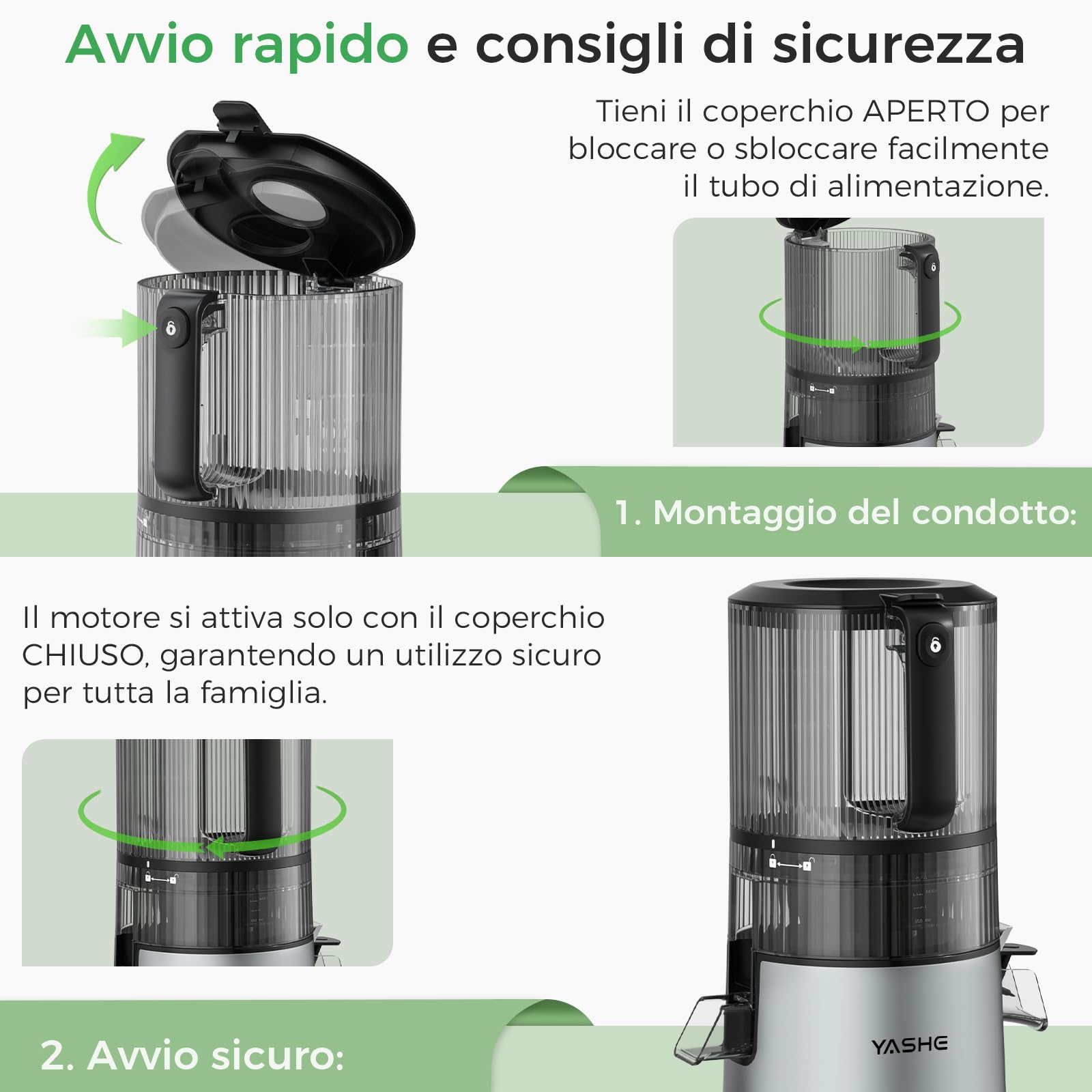 YASHE Estrattore di Succo a Freddo 600W, Bocca Extra Large 152 mm per Frutta e Verdura Intera, 3-in-1 per Succo, Sorbet e Latte Vegetale, Funzione Inversa, Senza BPA, Lavabile in Lavastoviglie