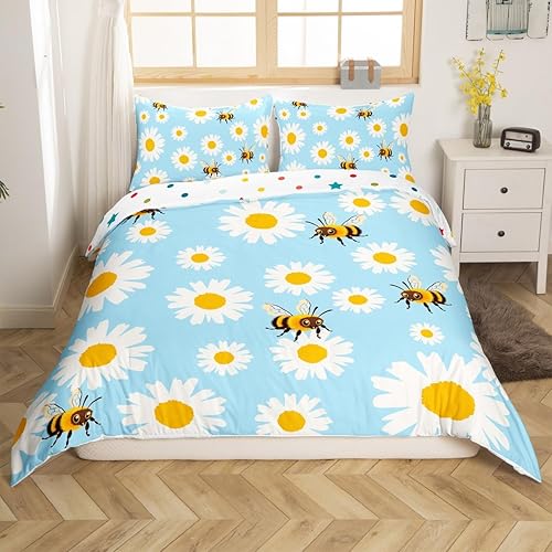 Vista 3 de Erosebridal Funda de edredón de abeja de dibujos animados, funda de edredón Kawaii de abeja tamaño Queen, juego de ropa de cama floral de margarita
