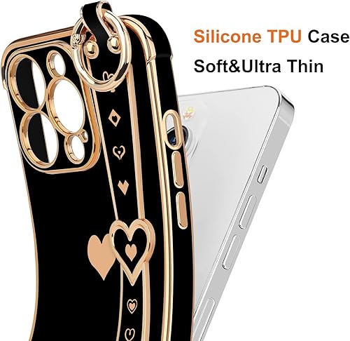Miniatura 3 de Funda para iPhone 13 Pro con correa chapada en forma de corazón para mujeres y niñas, protector de lente de cámara de silicona suave, a prueba de