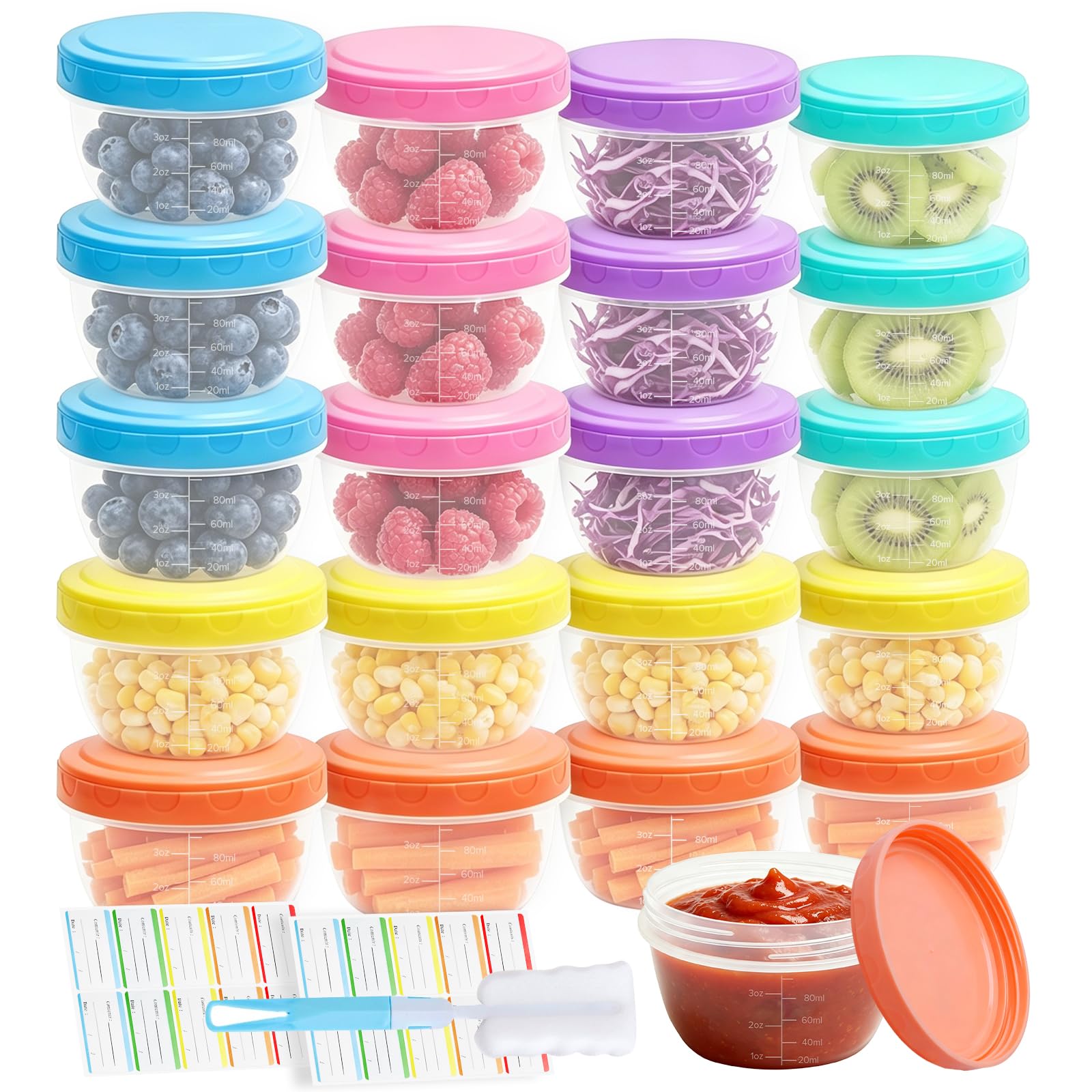 Mispudin 20 Pcs Small Food Containers with Lids, 120ml Leakproof Reusable Salad Dressing Pots Screw Top with Stickers, Brushes, Plastic Snack Pots for Sauce, Yogurt, Fruit, Microwave Safe (6 Colors)