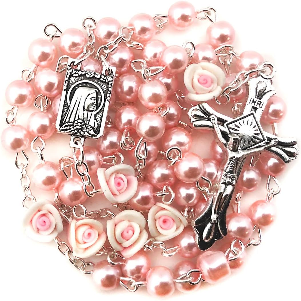 Angelic Pink Rose Rosary Beads Catholic for Women - Catholic Gifts - Rosary Necklace for Women - Image 3