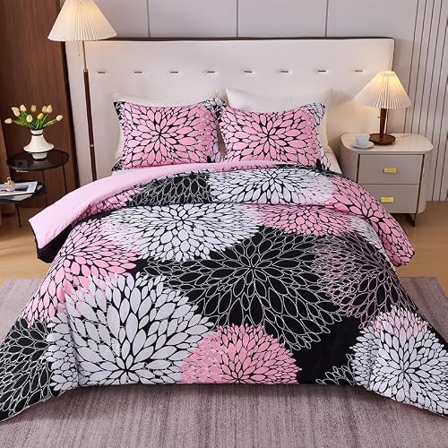Koniroom Black Pink Queen Comforter Set - 3 Pieces Soft Floral Bedding Set with 1 Reversible Comforter and 2 Pillow Shams for Girls Teens Women