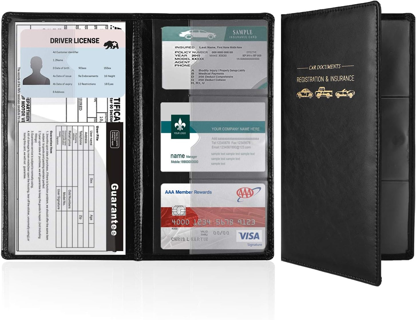 Car Insurance and Registration Card Holder, Leather Vehicle Glove Box Documents Organizer Wallet Case, Auto Truck Paperwork Holder with 7 Pockets & Magnetic Closure(Black)