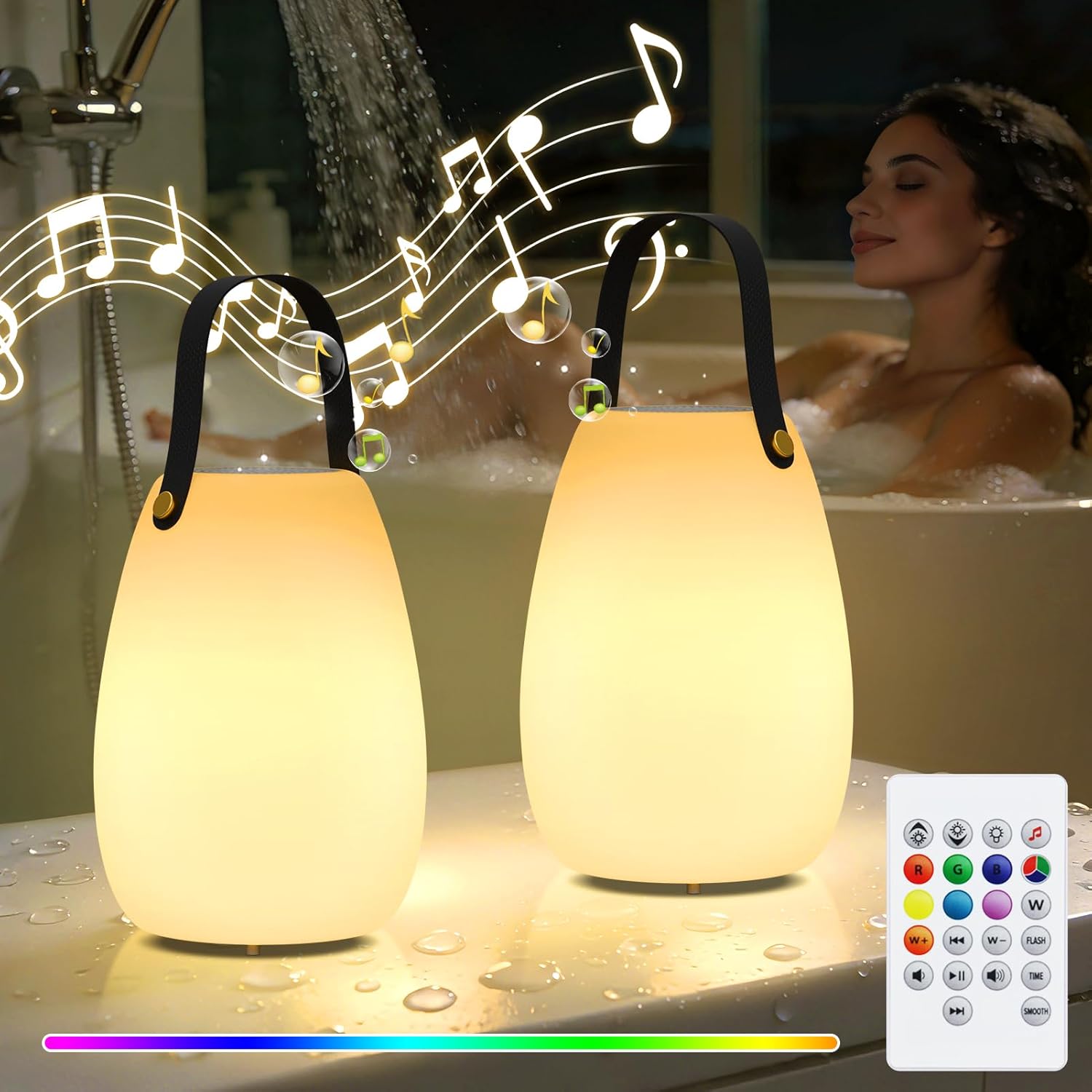 FUYO 2 Pack Shower Lamp with Speaker 8 Colors with Remote, Shower Lights Waterproof, Outdoor Speakers Bluetooth HD Stereo Sound for Indoor Outdoor Bathroom Party Pool Patio (2PCS-Tally)
