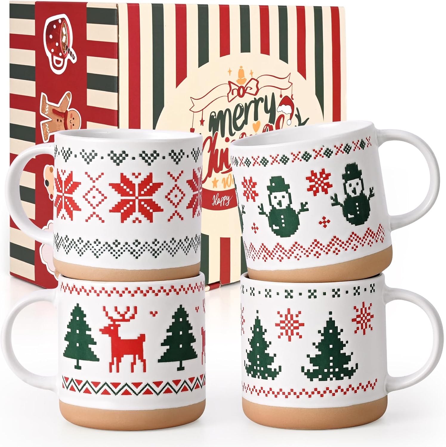 YHRJWN Christmas Mugs Set of 4, Christmas Mugs with Xmas Tree, Snowman, Snowflake, Reindeer Design Pixel Print, Xmas Coffee Mugs for Family Friends, 12 Oz