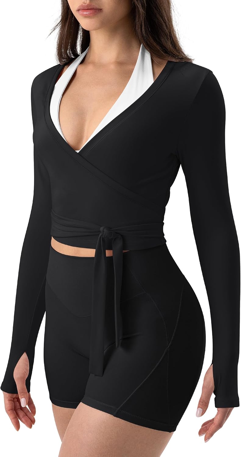 AVGO Women Pilates Wrap Top Tie Dance Shirt Ballet Yoga Tee Long Sleeve V Neck Cropped Tops Active Blouses with Thumb Holes