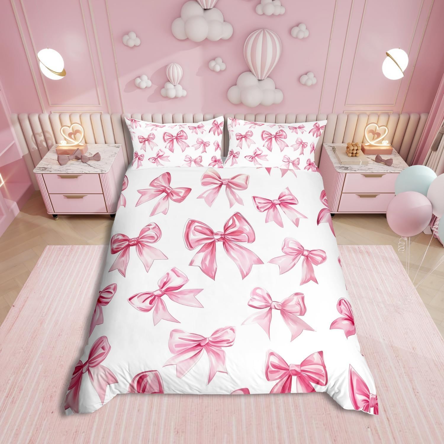 Homewish Pink Bow Duvet Cover Set Super King Size 2 Pillowcases - Dreamy Princess Style Bedding Set for Kids Girls Teens - Girly Bowknot Quilt Cover Watercolor Ribbon Bow Bed Sets with Pink Reverse