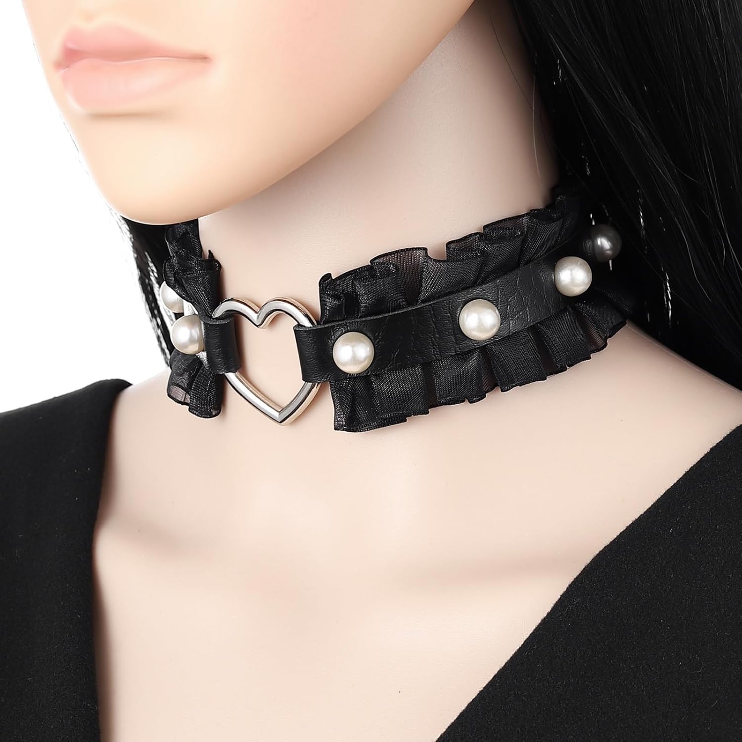 FM FM42 Multicolor PU Simulated Leather Pearl Rivets Heart Ring Lace Collar Choker Necklace - Image 6