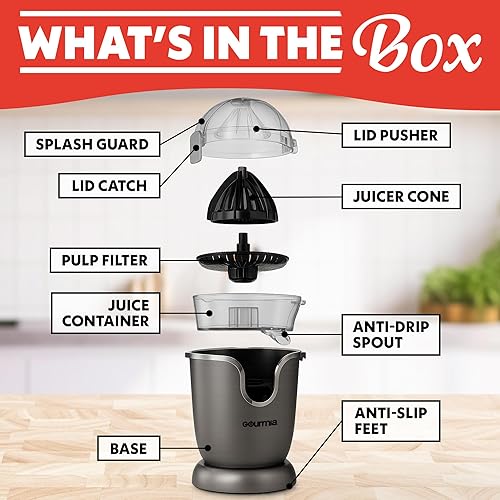Miniatura 6 de Gourmia Exprimidor automático de cítricos manos con operación de un solo toque, cono universal, boquilla antigoteo, accesorios aptos para