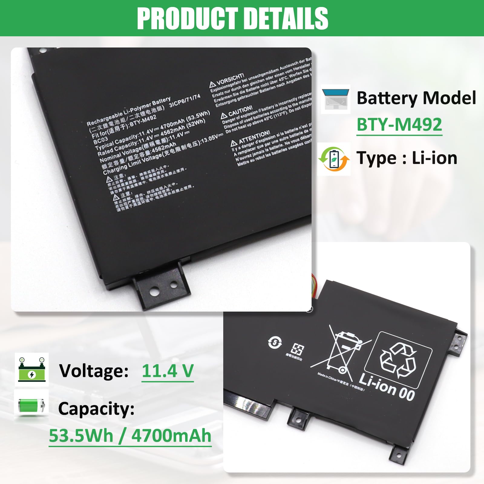 BTY-M492 Laptop Battery Replacement For MSI Pulse GL66 Katana GF66 GF76 Sword & Crosshair Series