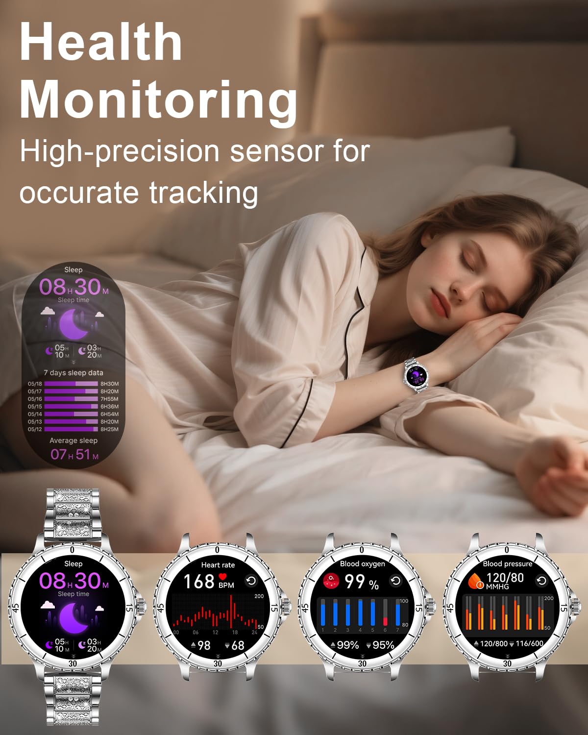 Reloj Inteligente Mujer con Llamadas, 1.27'' Smartwatch Mujer con Correa de Diamante, Compatible con Android/iOS, IP68 Impermeable Smart Watch Redondo con 120+ Deportes SpO2 Sueño Podómetro, Plata