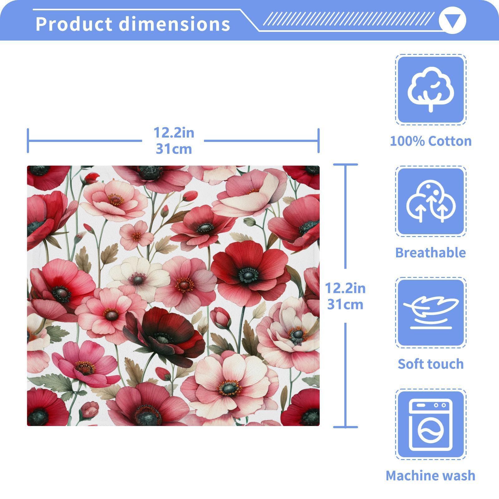 YANENDIE Red Pink Flowers Washcloths Towels, Highly Absorbent and Soft Cotton Face Cloths, 2 Pack Quick Dry Wash Cloths - 12 X 12 Inches