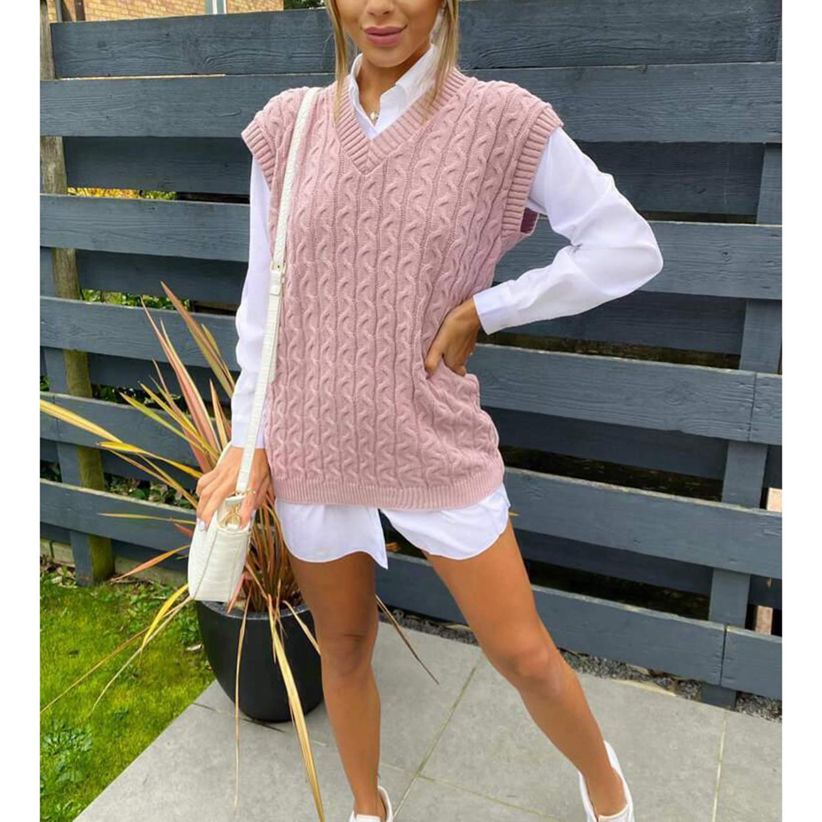 Damski sweter bez rękawów z dekoltem w serek, sweter bez rękawów, gruby warkocz, sweter z dzianiny, sweter z dzianiny, bez rękawów, gruby sweter (różowy XL)