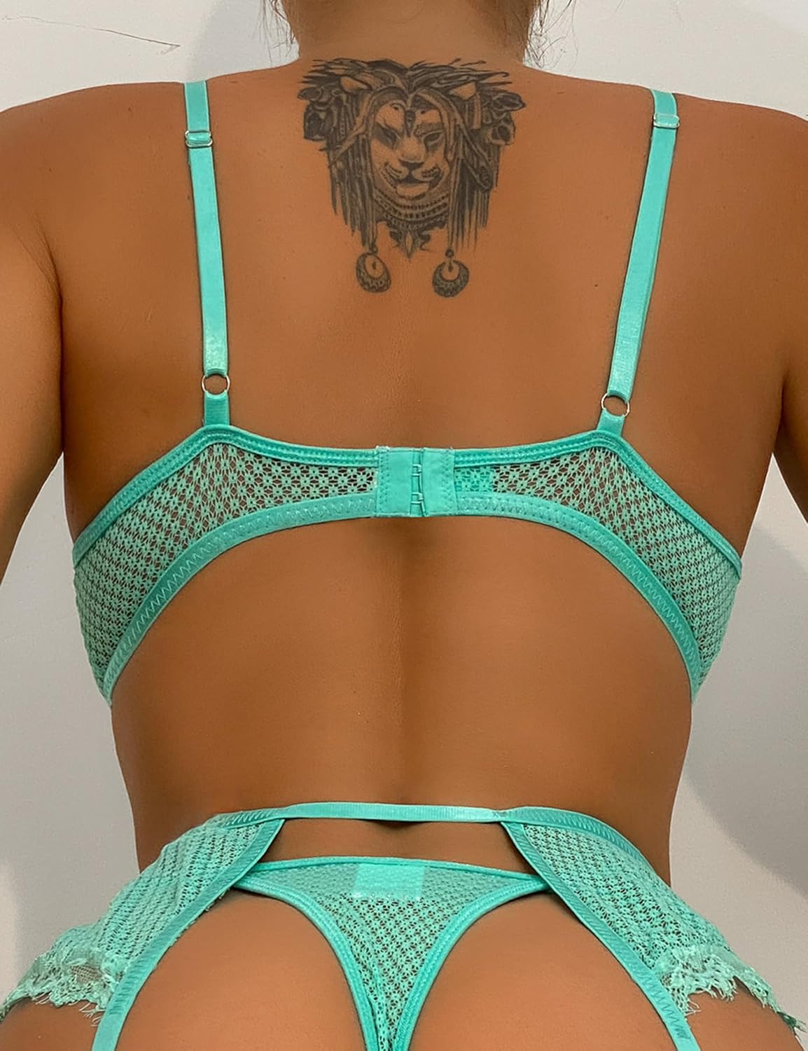 Aranmei Women’s Sexy Eyelash Fishnet Lingerie Set Chain Babydoll Underwire Bra and Panty Sets with Garter Belt 4 Pieces - Image 4