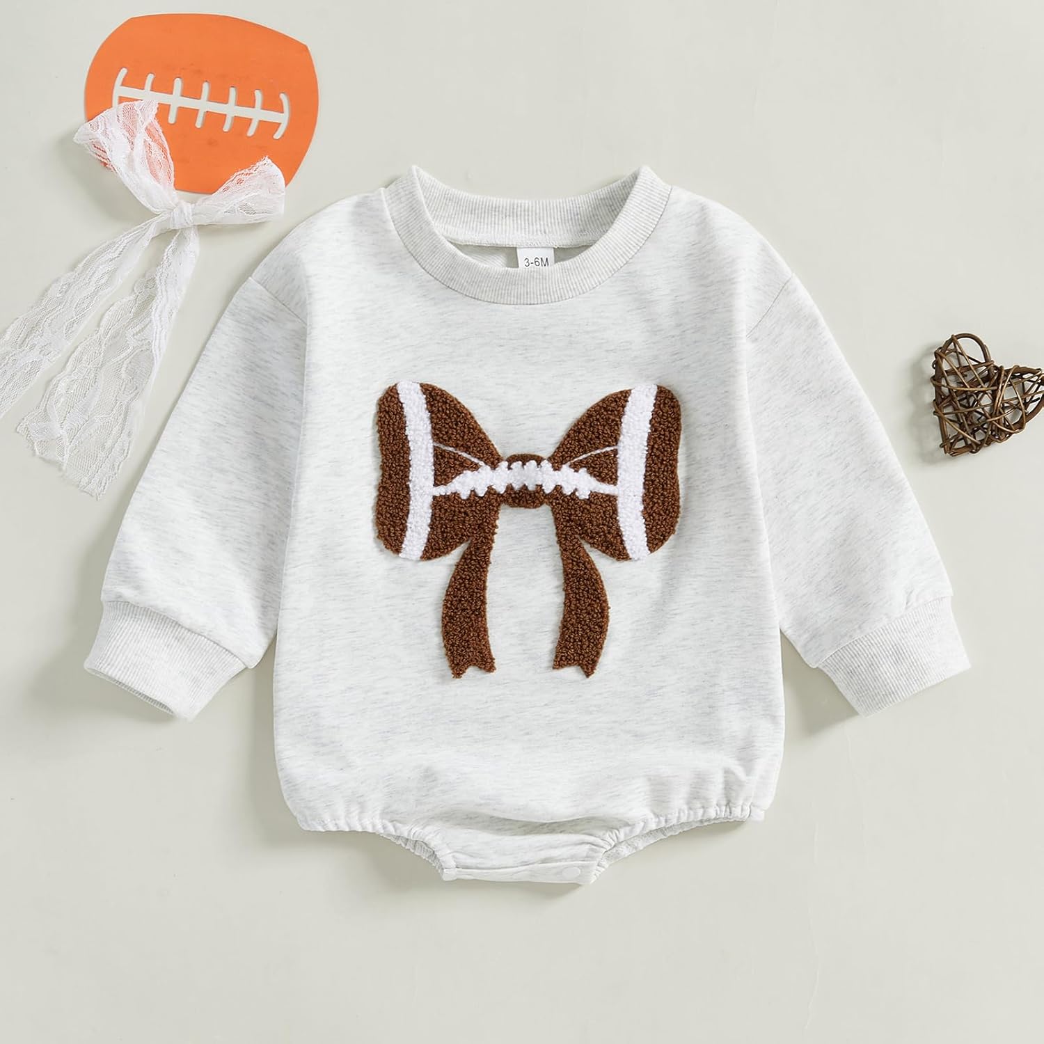 Karuedoo Newborn Baby Boy Girl Football Outfit Football Bow Sweatshirt Romper Oversized Long Sleeve Bubble Romper Bodysuit - Image 2
