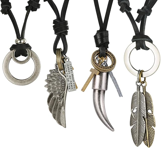 CASSIECA 3-6 Pcs Leather Necklace for Men Women Vintage Style Tribal Wolf Tooth Pendant Necklace Angel Wing Feather Necklace Chain Adjustable