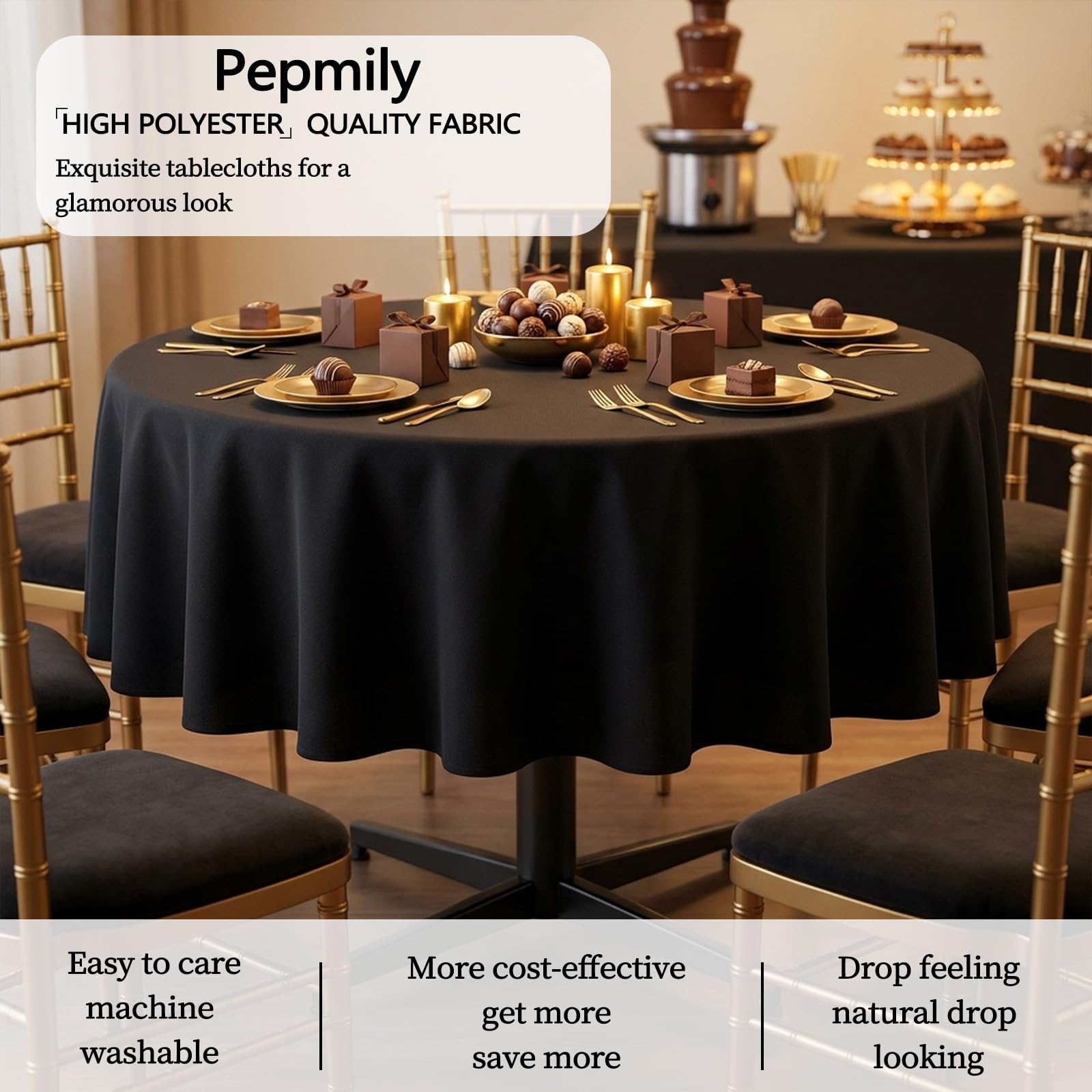 Black Round Tablecloths - 90 Inch (8 Pack) -3