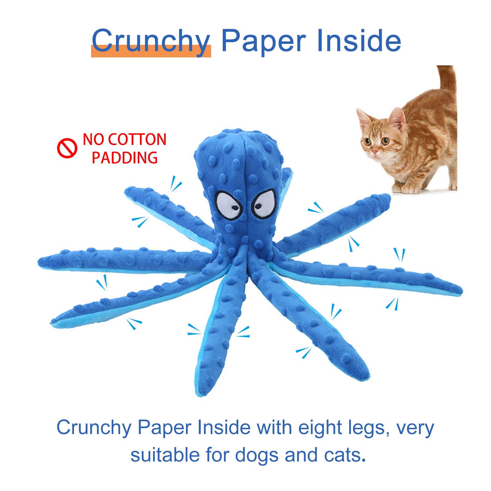 WishLotus Juguete masticable para perros pulpo, juguete chirriante para perros sin relleno con papel arrugado en las piernas, juguete interactivo de pana para perros pequeños, medianos (azul)