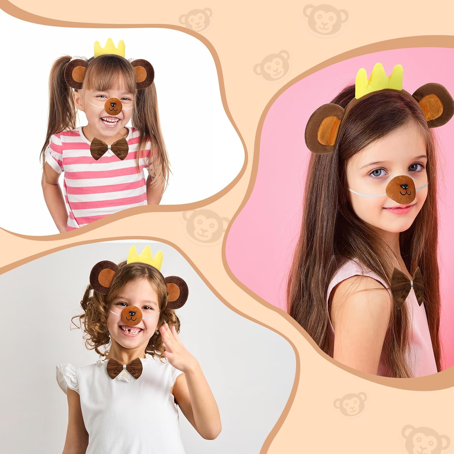 Maiteenly Carnival Monkey Accessories Set Cosplay Monkey Nose Ears Headband Long Tail Bowtie for Kids Halloween Party