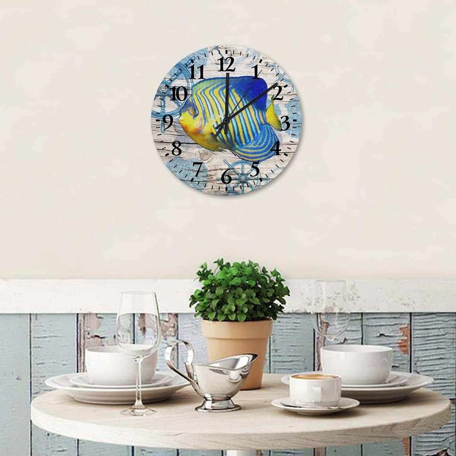 Wall Clocks Fish Indoor Clocks Quartz Analog Quiet Arabic Numeral Ocean Waves Coastal Theme Round Clock for Home Office 12 Inch