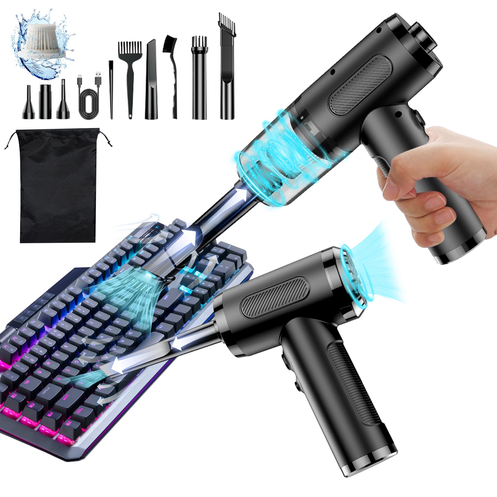 Hiyorsoa Compressed Air Duster Cleaner for PC, 2-in-1 Computer Vacuum Cleaner Compressed Air Duster 3 Gear 50000RPM Air Blower with LED Light 6000mAh Cordless Electronics Compressed Air Dusters