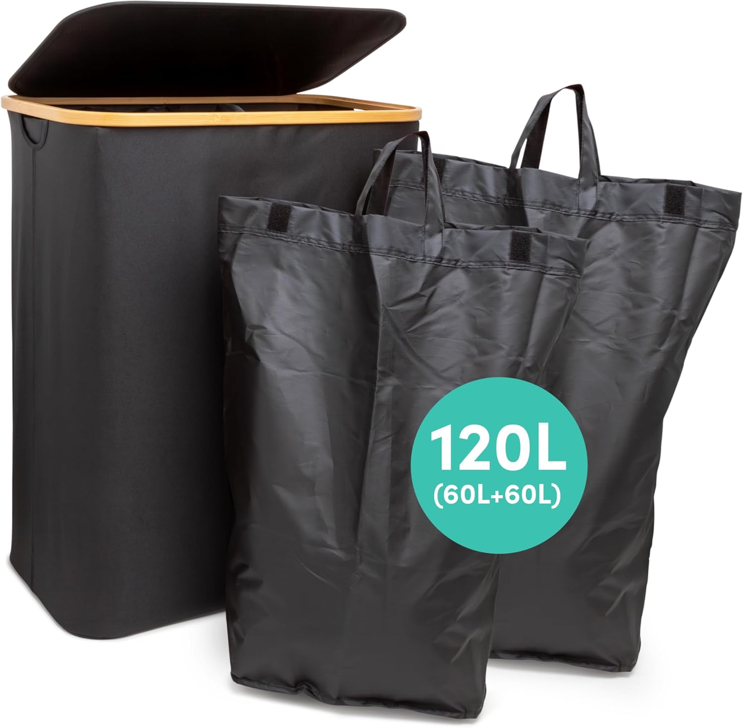 QUALIAZERO 120L Dual Laundry Hamper with Lid – 2-Section Bamboo Frame Hamper with Removable Bags & Easy-Lift Cover, Large Capacity for Families, Bathroom or Bedroom (ONYX BLACK, DUAL)
