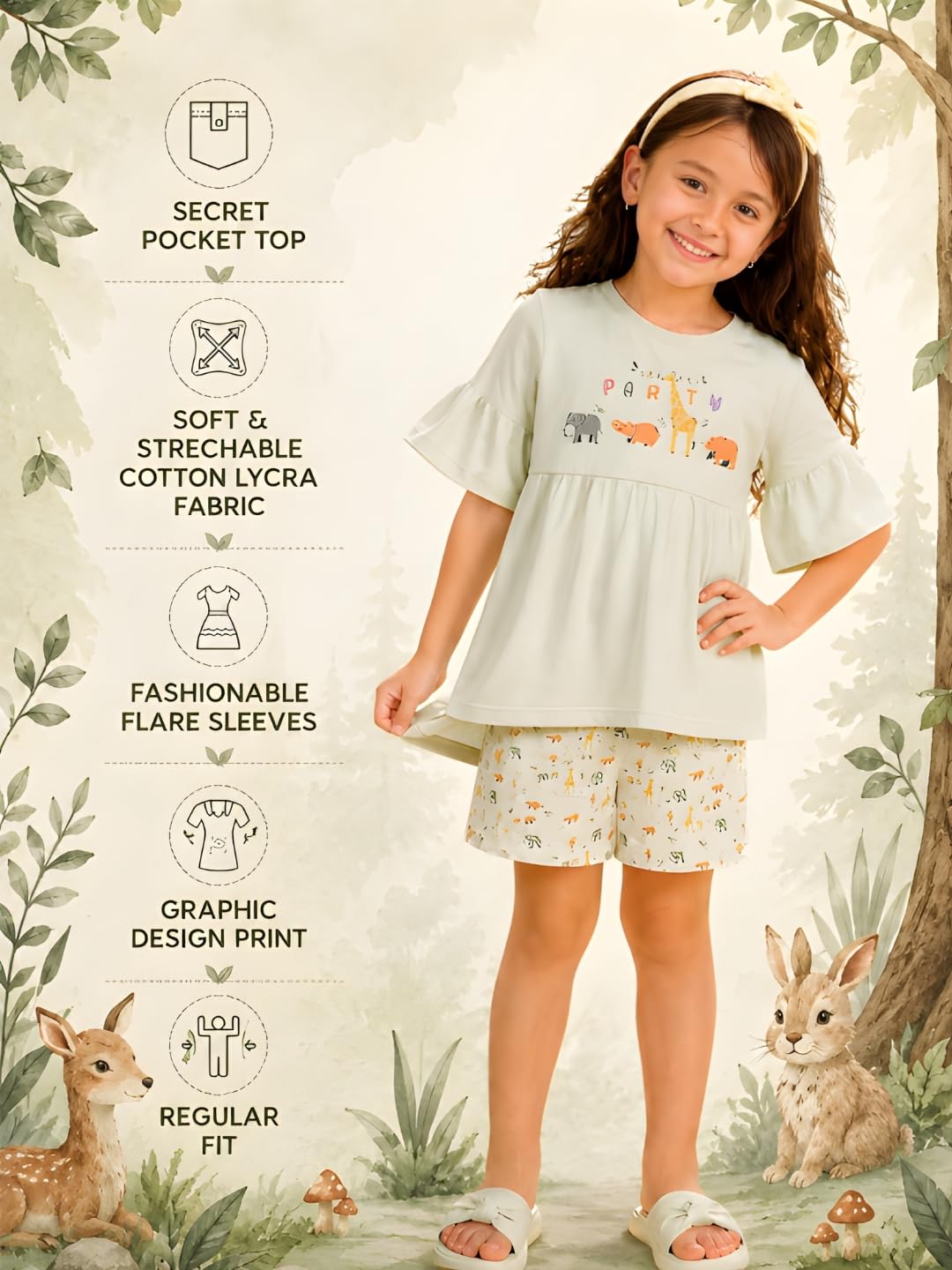 Pilolo Kids Playful Peplum Green Chest Print Flare Sleeves Comfortable Soft Cotton Pocket Top for Girls(8-9 Yr) 1