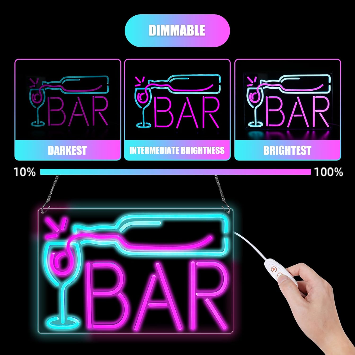 Bar Signs for Home Bar, BAR Neon Sign with 10-Level Dimmer, USB or Battery Powered Neon Lights for Man Cave, Pub, Club, Party, Wall Decor Art, Ideal Gift for Men - Image 3