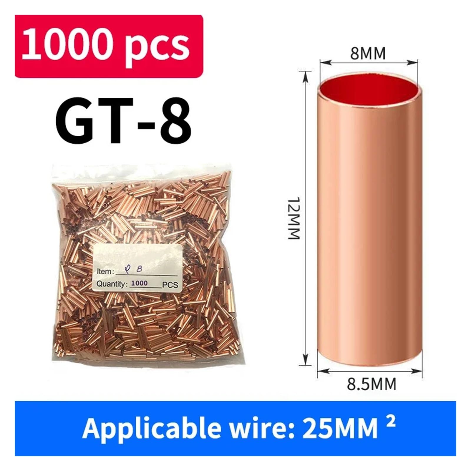 1000PC Φ 1,5/2/2,5/3/4/5/6/7/8/10 Mm conector de cable tubo conexión cobre Terminal prensado en frío(GT-8 1000PCS,5 Packs)