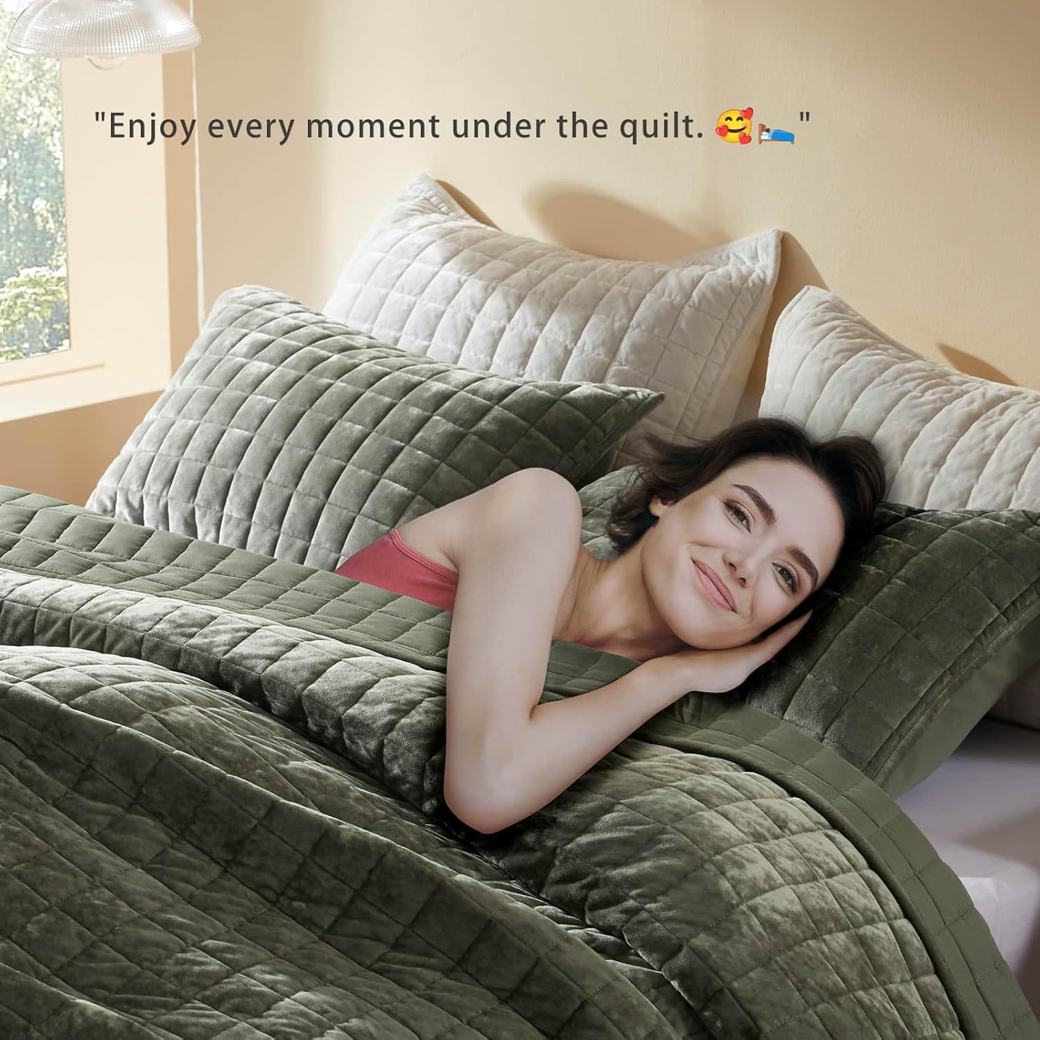 LEAONME Velvet Quilt California King-118''x106'', Lightweight Olive Green Velvet Comforter Set with 2 Pillow Shams, Soft Oversized Bedspread Coverlet Quilted Bedding Set for All Season - Image 3