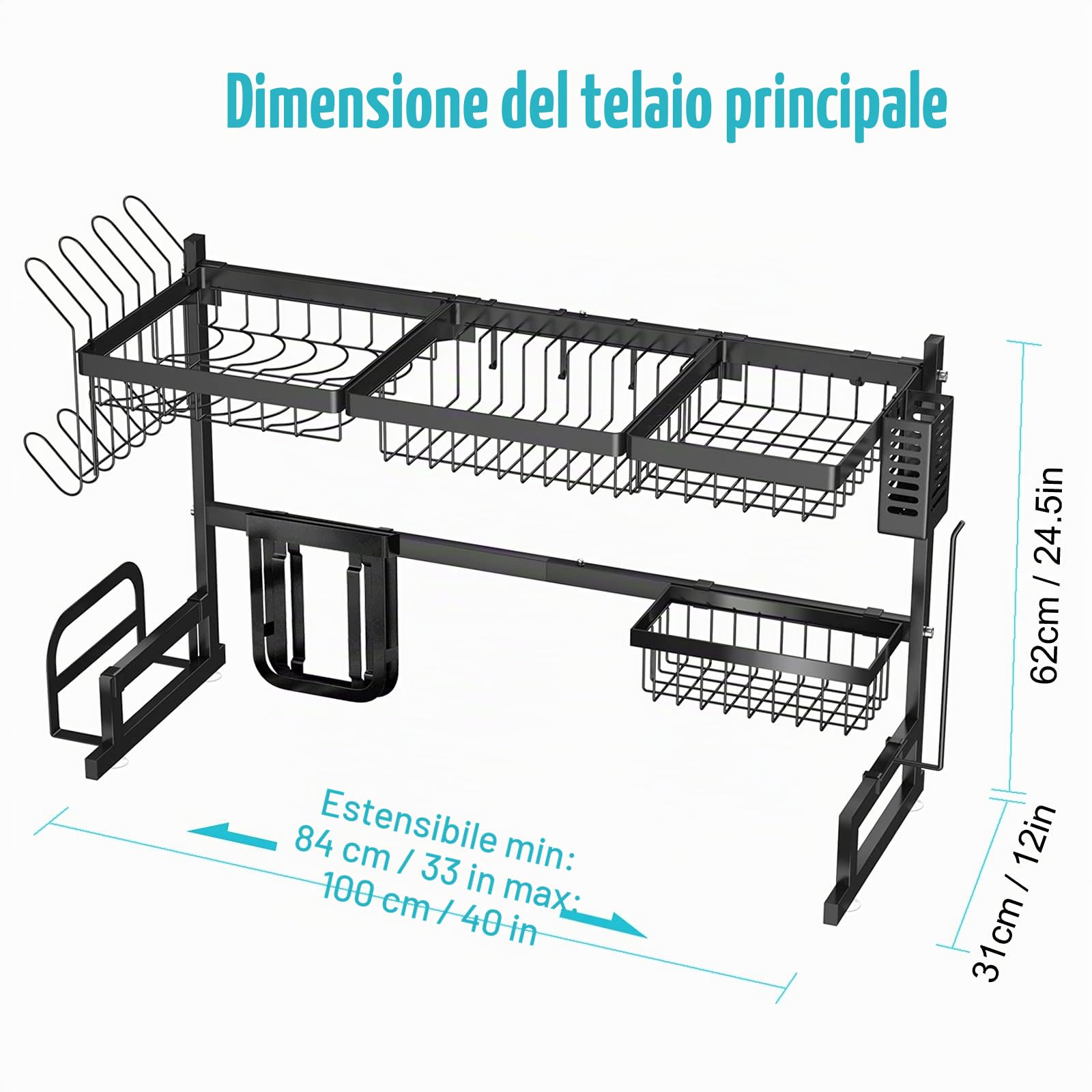Scolapiatti sopra il lavandino - In acciaio inox regolabile (33 "-40") grande rack per stoviglie organizer da cucina salvaspazio mensola porta utensili scolapiatti