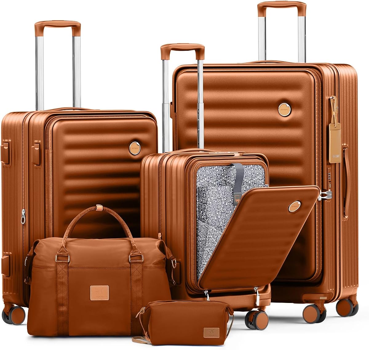 Luggage Sets 5 Piece with Front Pocket, Expandable Top Opening Suitcase Set, PC Hardside Carry on Suitcase with Spinner Wheels and TSA Lock (Brown)